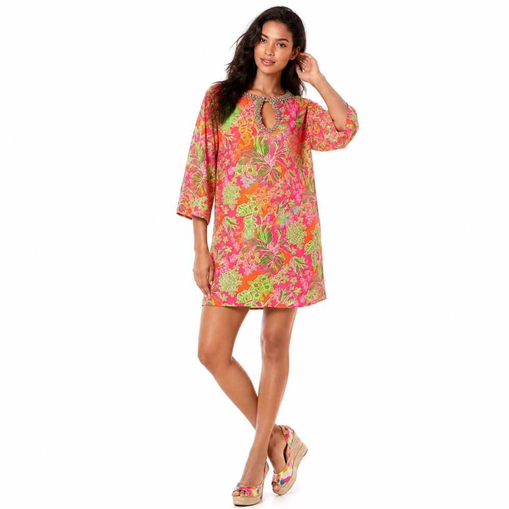 RARE Lilly‎ Pulitzer Women Jubilee Beaded Silk Tunic Mini Dress Floral 10 Resort